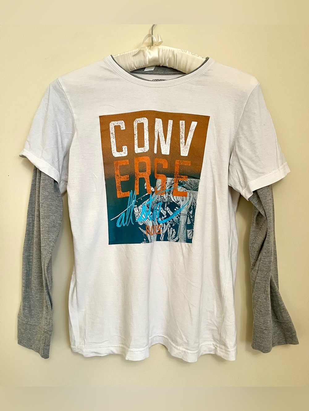 Converse White Tee with Orange and Teal Graphic and Gray Layered Sleeves
